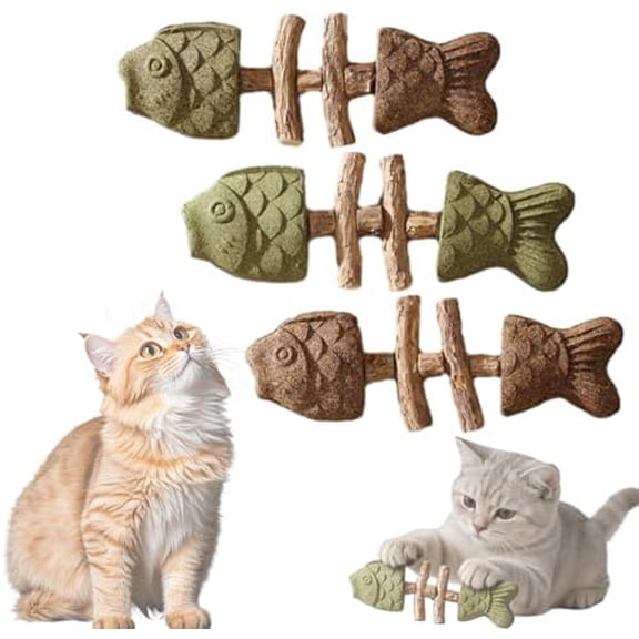 Sterling Whiskers Cat Chew, Catnip and Silvervine Chew Fish Bone Cat Toy, Wooden Feline Tooth Care Tool for Teething