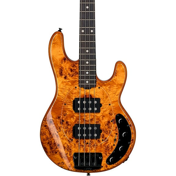 Sterling by Music Man StingRay RAY34 HH Poplar Burl Top Bass Guitar - Amber