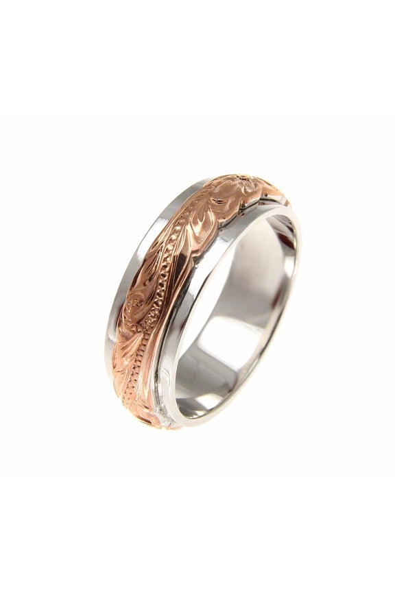 Sterling silver 925 2 tone pink rose gold plated Hawaiian princess scroll 4/6mm double band ring size 3-12