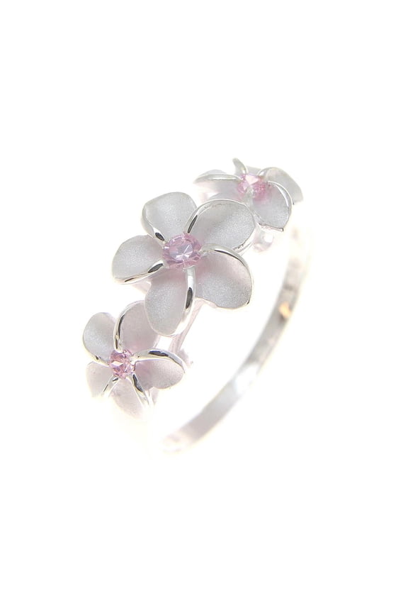 Sterling silver 925 3 Hawaiian plumeria flower ring pink cz size 3 to 10