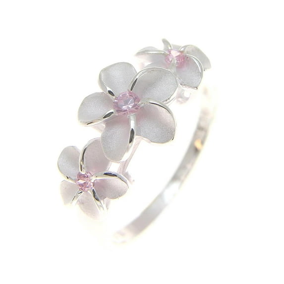 Sterling silver 925 3 Hawaiian plumeria flower ring pink cz size 9.5