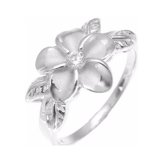 Sterling silver 925 Hawaiian 12mm plumeria flower cz 4 maile leaf ring rhodium plated size 5.5