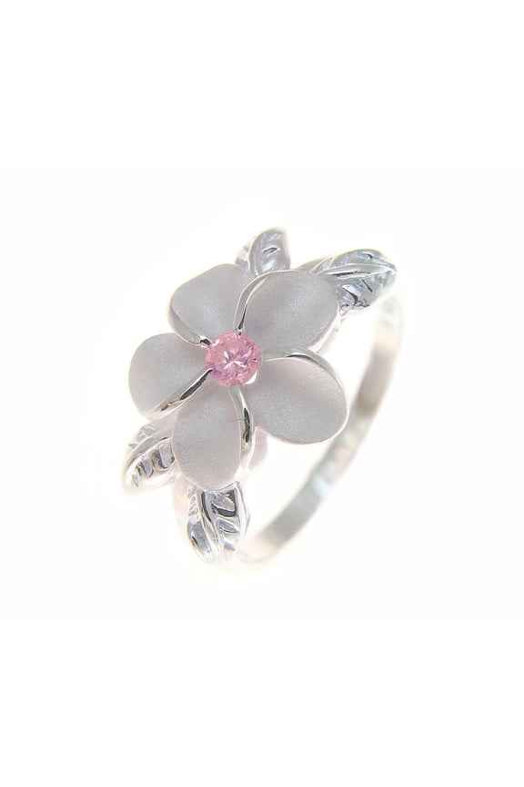 Sterling silver 925 Hawaiian 12mm plumeria flower maile leaf pink cz ring size 1 to 11