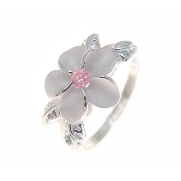 Sterling silver 925 Hawaiian 12mm plumeria flower maile leaf pink cz ring size 9.5