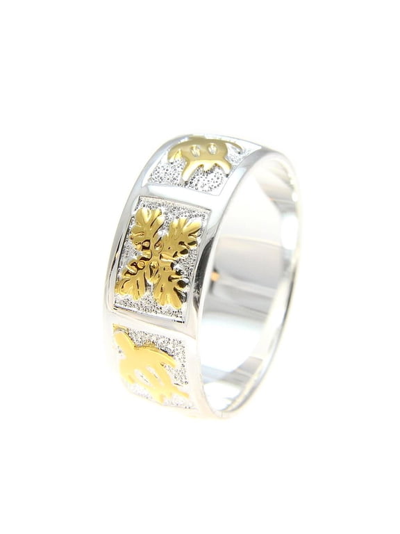 Sterling silver 925 Hawaiian 2 tone yellow gold plated honu turtle quilt 8mm band ring size 3 to 14
