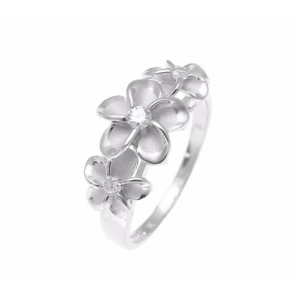 Sterling silver 925 Hawaiian 3 plumeria flower ring cz rhodium plated size 4.5