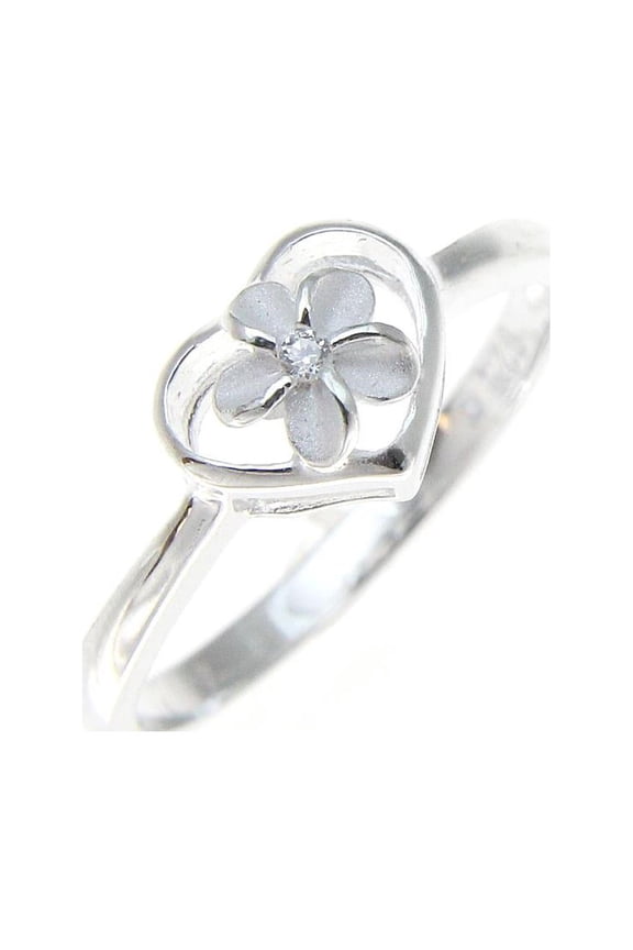 Sterling silver 925 Hawaiian plumeria flower cz in heart ring size 2-10