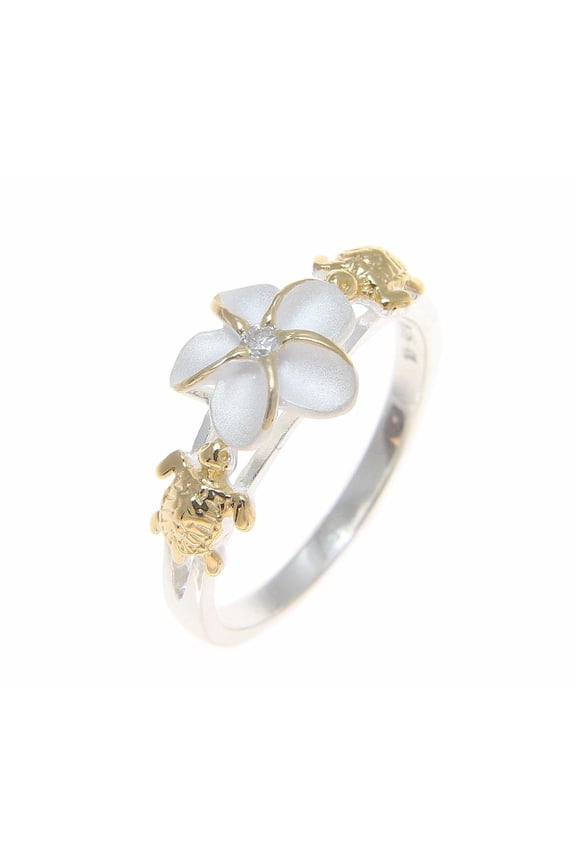 Sterling silver 925 Hawaiian plumeria flower cz turtle ring 2 tone yellow gold plated size 3