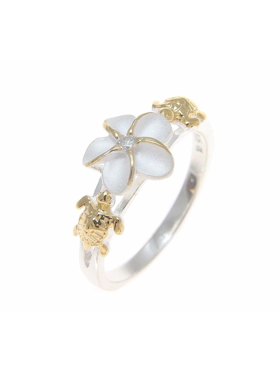 Sterling silver 925 Hawaiian plumeria flower cz turtle ring 2 tone yellow gold plated size 9