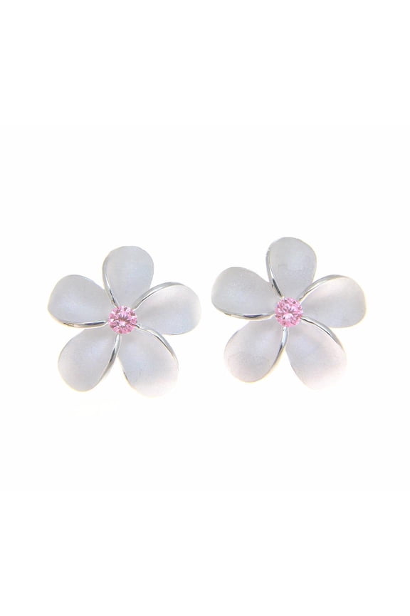 Sterling silver 925 Hawaiian plumeria flower post stud earrings 15mm pink cz