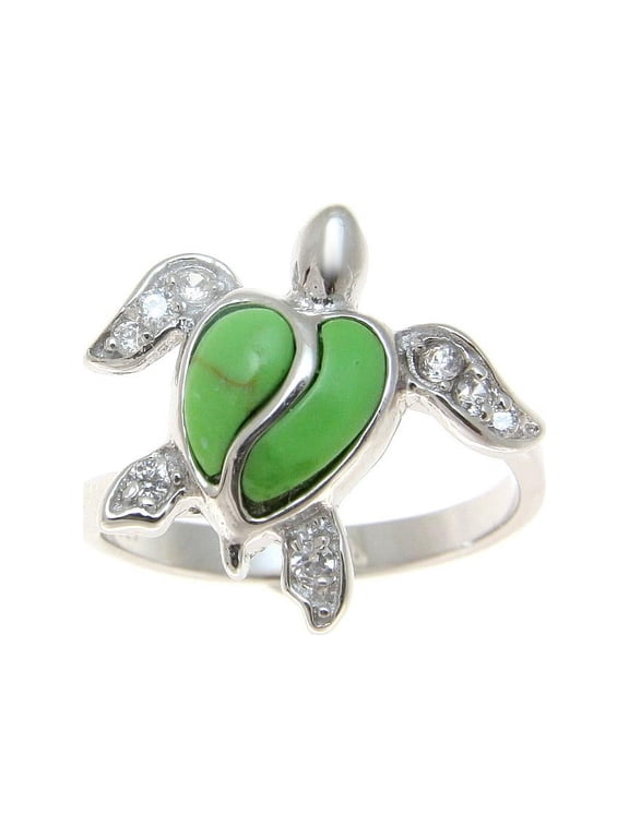 Sterling silver 925 Hawaiian simulated green turquoise cz sea honu turtle ring size 9