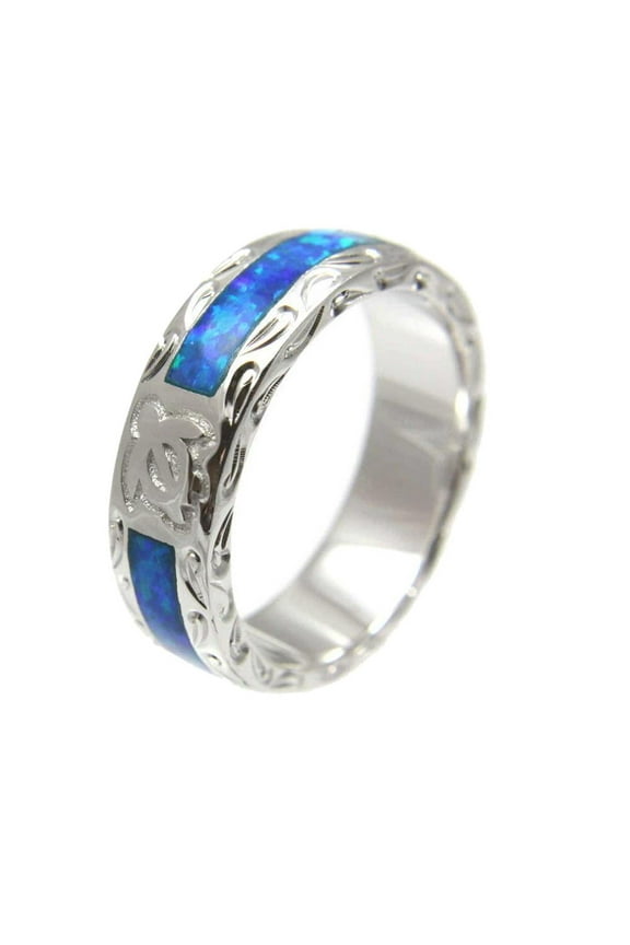 Sterling silver 925 synthetic opal Hawaiian honu turtle eternity wedding band ring unisex size 5 to 12