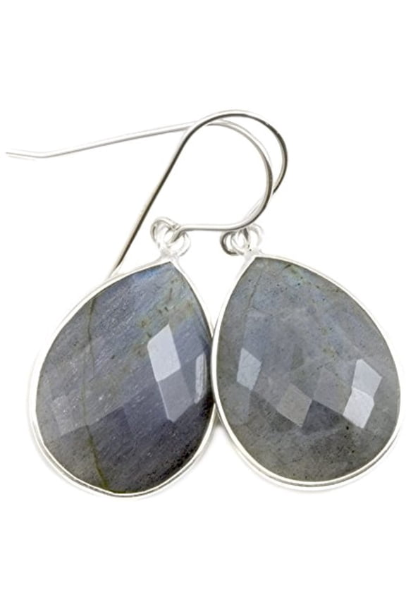 Sterling silver Labradorite Earrings Silvertone Bezel Set Blue Flash Faceted Long Large Wide Soft Gray Teardrop Drops Designed for Adult Women