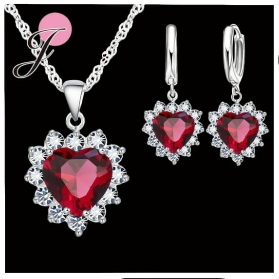 Sterling silver Red Heart-Shaped Necklace and Pendant Jewelry Set, SS-110