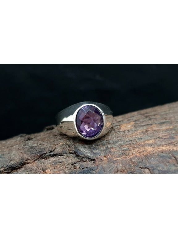925 Sterling silver amethyst stone statement ring for men, Clear amethyst mens solitaire ring for husband, Square cut stone ring for boyfriend