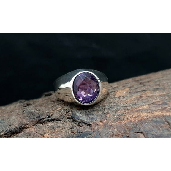 925 Sterling silver amethyst stone statement ring for men, Clear amethyst mens solitaire ring for husband, Square cut stone ring for boyfriend
