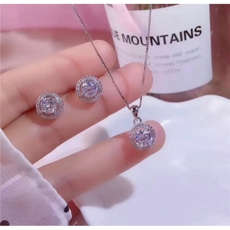 Sterling silver clear stone round necklace and earring set  display picture 2