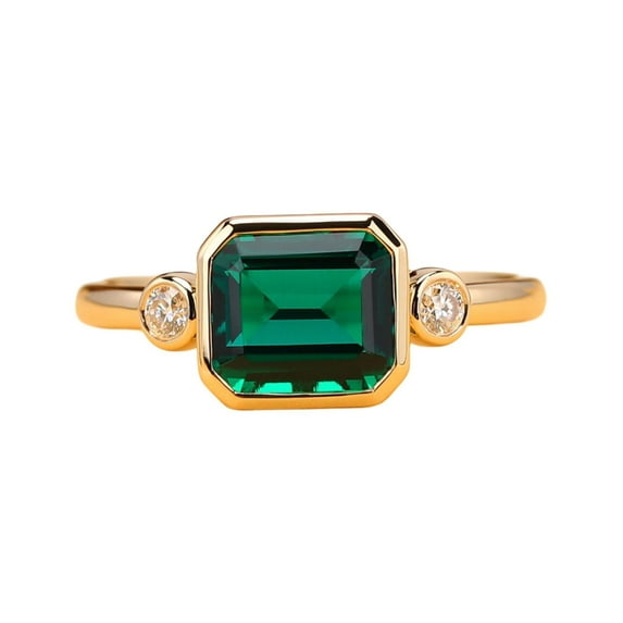 Sterling silver emerald cut lab created emerald & cubic zirconia bezel set ring