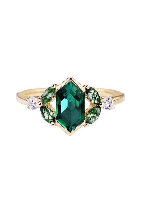 Sterling silver hexagon cut lab created emerald & cubic zirconia ring