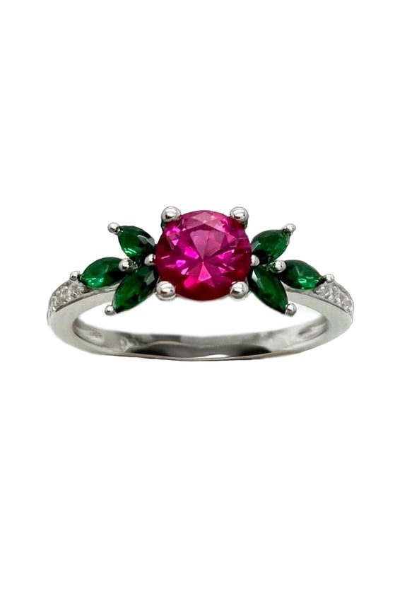 Sterling silver lab created ruby & marquise cut emerald & cubic zirconia ring