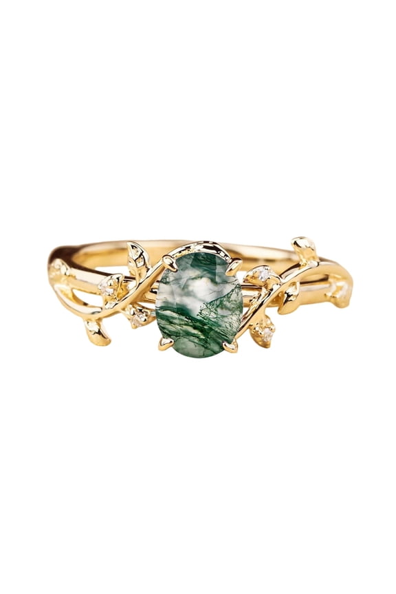 Sterling silver nature inspired moss agate leaf design solitaire ring