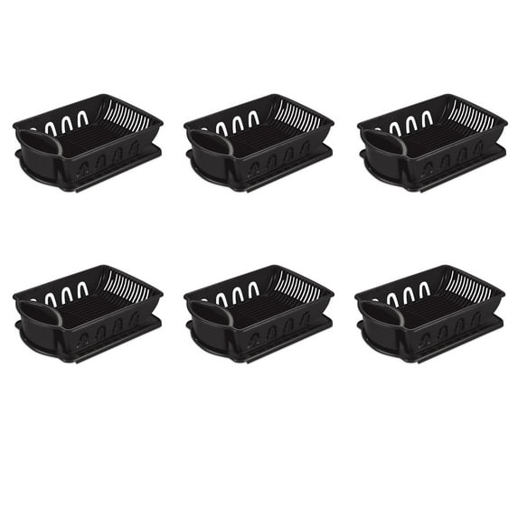 Sterilite Large 2 Piece Sink Set, Dish Drainer and Drainboard for Plates, Cups, and Flatware, Black, 6 Count