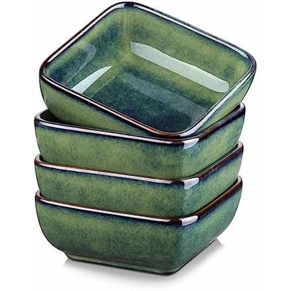 Stern 6 Oz Dipping Bowls, 3.7 Inches Ceramic Soy Sauce Dish, Square Side Dishes, Small Appetizer Plates Set of 4, Green