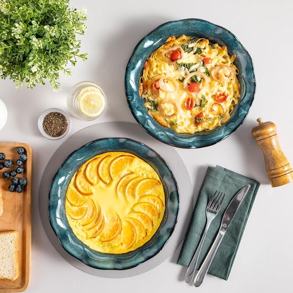 Stern Ceramic Pie Pan Set of 2, 9 Inch Deep Pie Plates with Ruffled Edge, Green Reactive Glaze for Baking Apple Quiche Tart Oven Safe