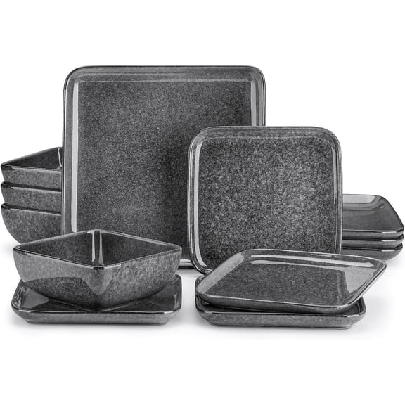 Stern Gray Dinner Set Square Reactive Tableware 12 count Kitchen Dinnerware Stoneware Crockery Set with Dinner Plate, Dessert Plate, Bowl Service for 4