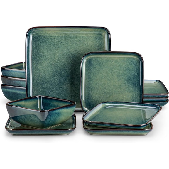 Stern Green Dinner Set Square Reactive Tableware 12 count Kitchen Dinnerware Stoneware Crockery Set with Dinner Plate, Dessert Plate, Bowl Service for 4