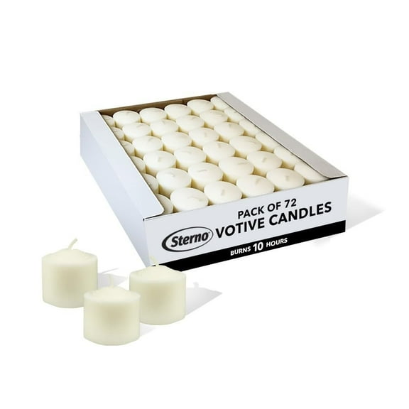 Sterno 72-Pack Votive Candles Bulk Pack - Long Lasting Tea Lights, Burns Up to 10 Hours - Unscented White Votive Candles for Indoors or Outdoors - Use as Party Decor or Centerpiece Table Decorations