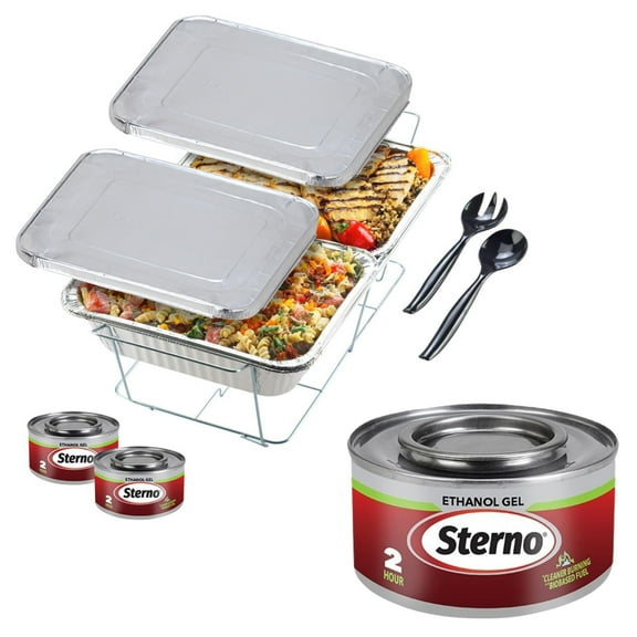 Sterno Chafing Dish Buffet Set with Lids, 2 Ethanol Fuel Cans, 1 Wire Rack with Water Pan & 2 Food Pans, Lids, Serving Utensils included for catering & parties
