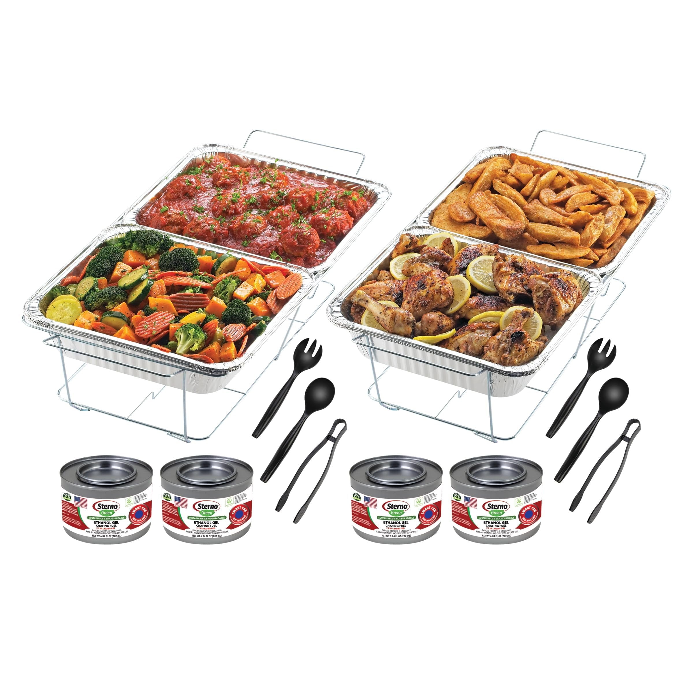 Sterno Disposable Chafing Dish Buffet, Set of 2 Full-Size Chafing Dishes for Buffet, 4 Sterno Fuel Cans (2.25hr), 4 Food Pans, 2 Water Trays, and Serving Utensils for Parties & Catering