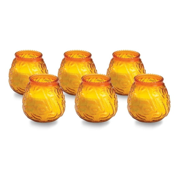 Sterno Euro-Venetian Wax Candle Pack - Decorative Candles for Centerpieces, Candle Set with Colorful Glass Candle Holder - Long Lasting Candles, Burns Up to 45 Hours - Pack of 6, Amber