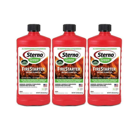 Sterno Fire Starter Fluid Gel Green FireStarter for Instant Flame, Concentrated Ethanol Fuel for Camp Fire or Fireplace, All-Weather Ethanol Burner for Indoor & Outdoor, 16 Oz Each, Pack of 3 Bottles