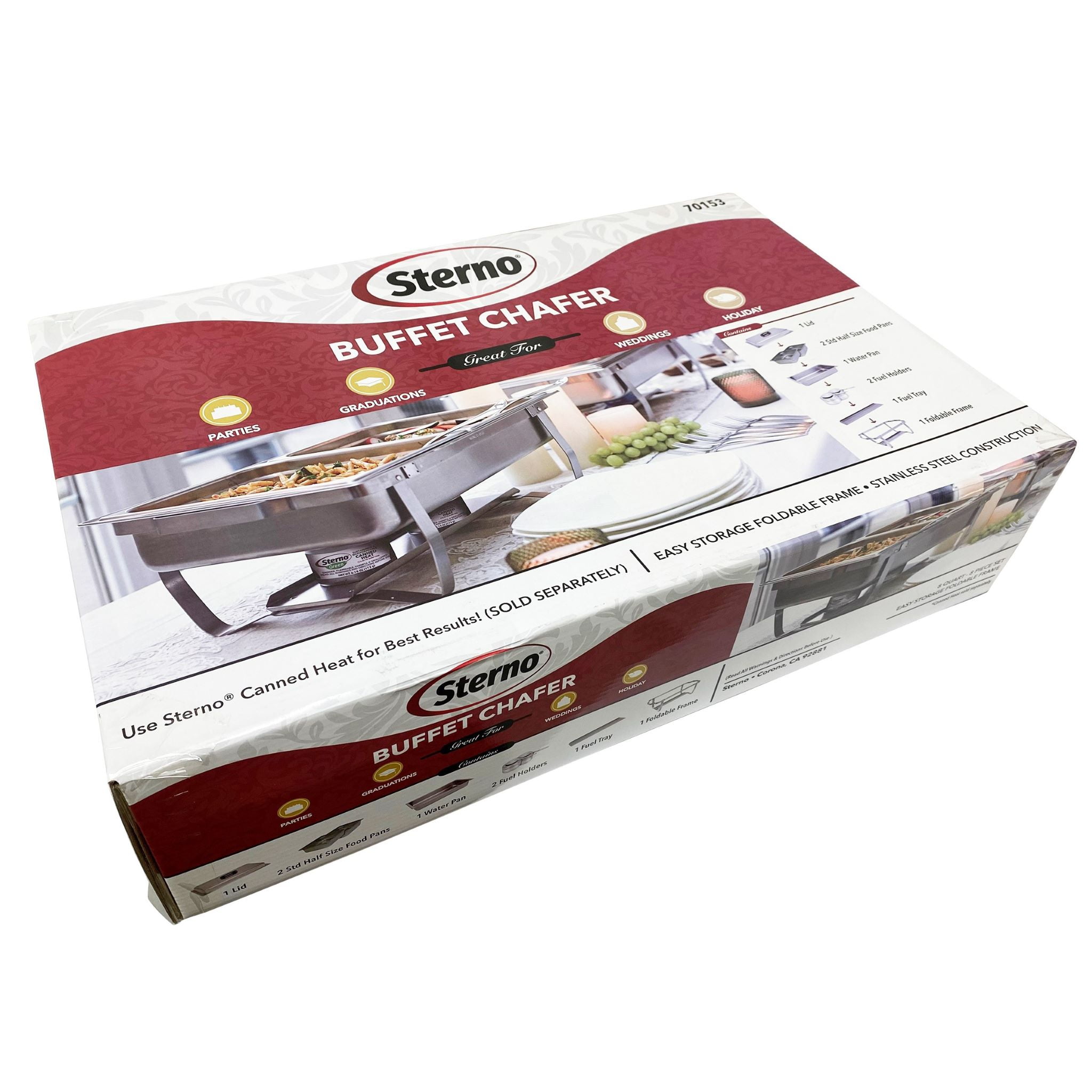 Sterno 70153 Foldable Frame Buffet Chafer Set, 8-Quart, Stainless Steel Finish