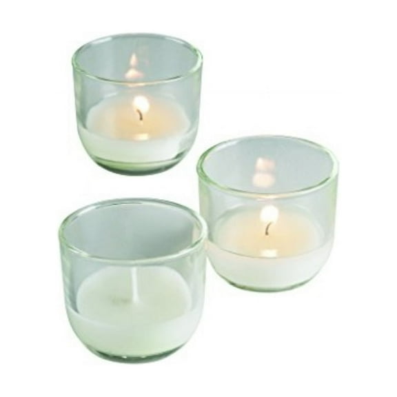 Sterno PetiteLites Tea Lights Wax Candles - 5-Hour Decorative Candles for Centerpieces, Candle Set with Petite Glass Candle Holder - Long Lasting Candles, Burns Up to 5 Hours - Pack of 48, Clear