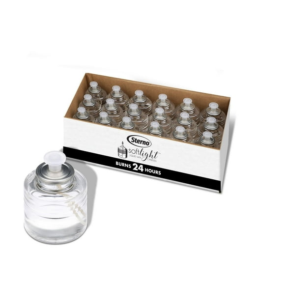 Sterno SoftLight Liquid Wax Candle Pack - Decorative Candles for Centerpieces, Candle Set with Bottle-Design Candle Holder - Long Lasting Candles, Burns Up to 24 Hours - 18 Liquid Paraffin Candles