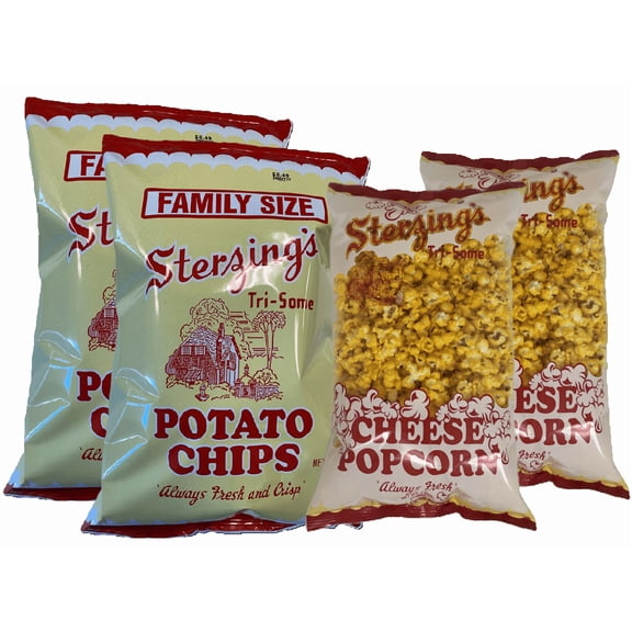 Sterzing's Beef Tallow Potato Chip & Cheddar Cheese Popcorn Combo Pack -- 2 x 7oz Bags of Chedar Cheese Popcorn + 2x Bags of 14 ox Family Size