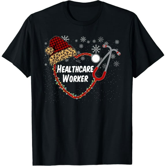 Stethoscope Christmas Healthcare Worker Leopard Heart Hippie T-Shirt