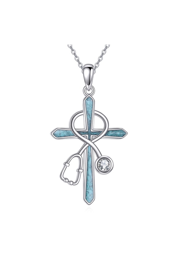 Stethoscope Cross Necklace for Women 925 Sterling Silver Turquoise Cross Necklace Medicine Pendant Jewelry for Nurse Doctor