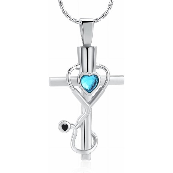 Stethoscope Cross Pendant Cremation Jewelry for Ashes Inlaid Heart Shape Crystal Cross Memorial Urn Necklace Doctor Nurse Keepsake Gift