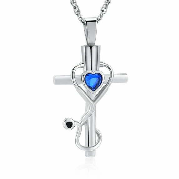 Stethoscope Cross Pendant Cremation Jewelry for Ashes Inlaid Heart Shape Crystal Cross Memorial Urn Necklace Doctor Nurse Keepsake Gift