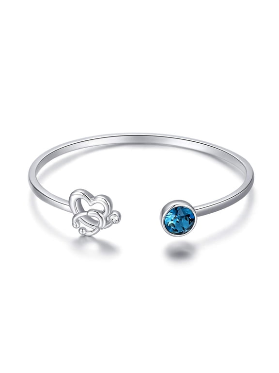 Stethoscope Cuff Bracelet 925 Sterling Silver Heart Bangles Bracelet Simulated Birthstone with Blue Crystals, Birthday Jewelry Gifts for Nurse Doctor RN Medical Student