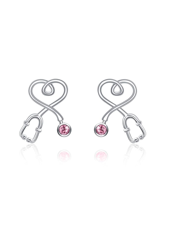Stethoscope Earrings 925 Sterling Silver Heart Studs Earrings 12 Months Birthstone Crystals from Austria, Graduation Jewelry Gifts for Nurse Doctor RN Medical Student
