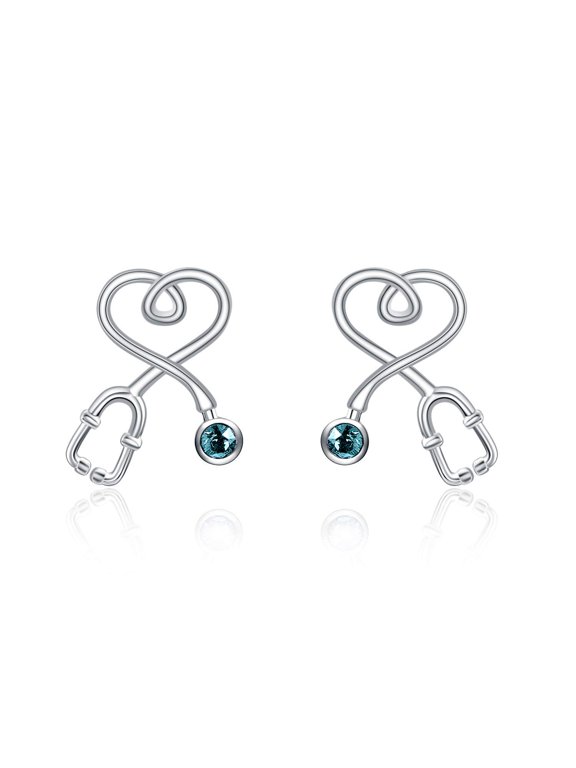 Stethoscope Earrings 925 Sterling Silver Heart Studs Earrings 12 Months Birthstone Crystals from Austria, Graduation Jewelry Gifts for Nurse Doctor RN Medical Student