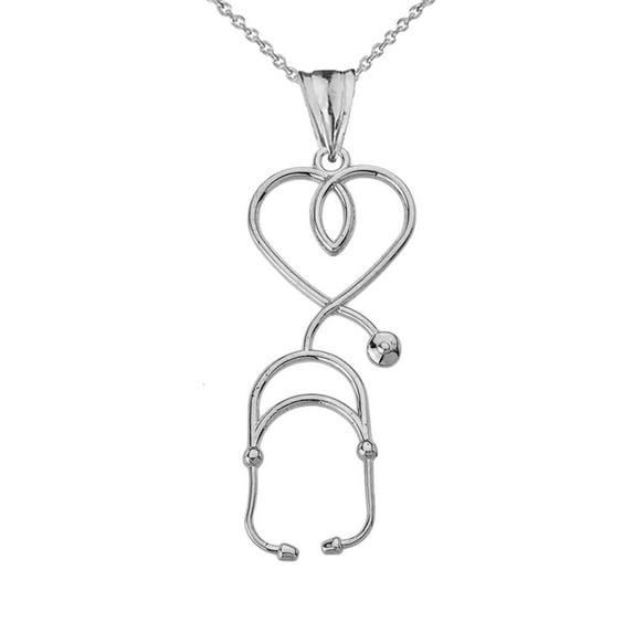 Stethoscope Heart Pendant Necklace in White Gold : 10K Pendant with 16" chain