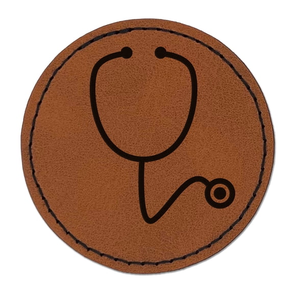 Stethoscope Medical Doctor Nurse 2.5" Faux Leather Round Engraved Iron-On Patch - Brown