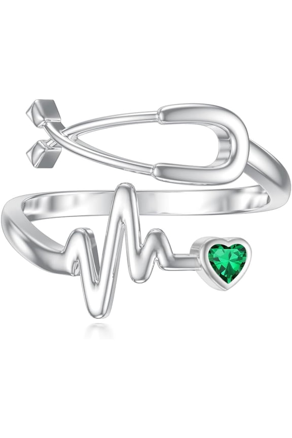 Stethoscope Medicine Birthstone Ring 925 Sterling Silver Heartbeat EKG Stethoscope Ring with May Emerald Birthstone Graduation Gifts Medical Jewelry for Nurse Doctor