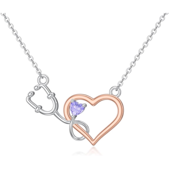 Stethoscope Necklace 925 Sterling Silver Birthstone Heart Nursing Necklace Nurse Jewelry Medical Gifts for Women Doctors Nurses Female RN APRN CNA EMT